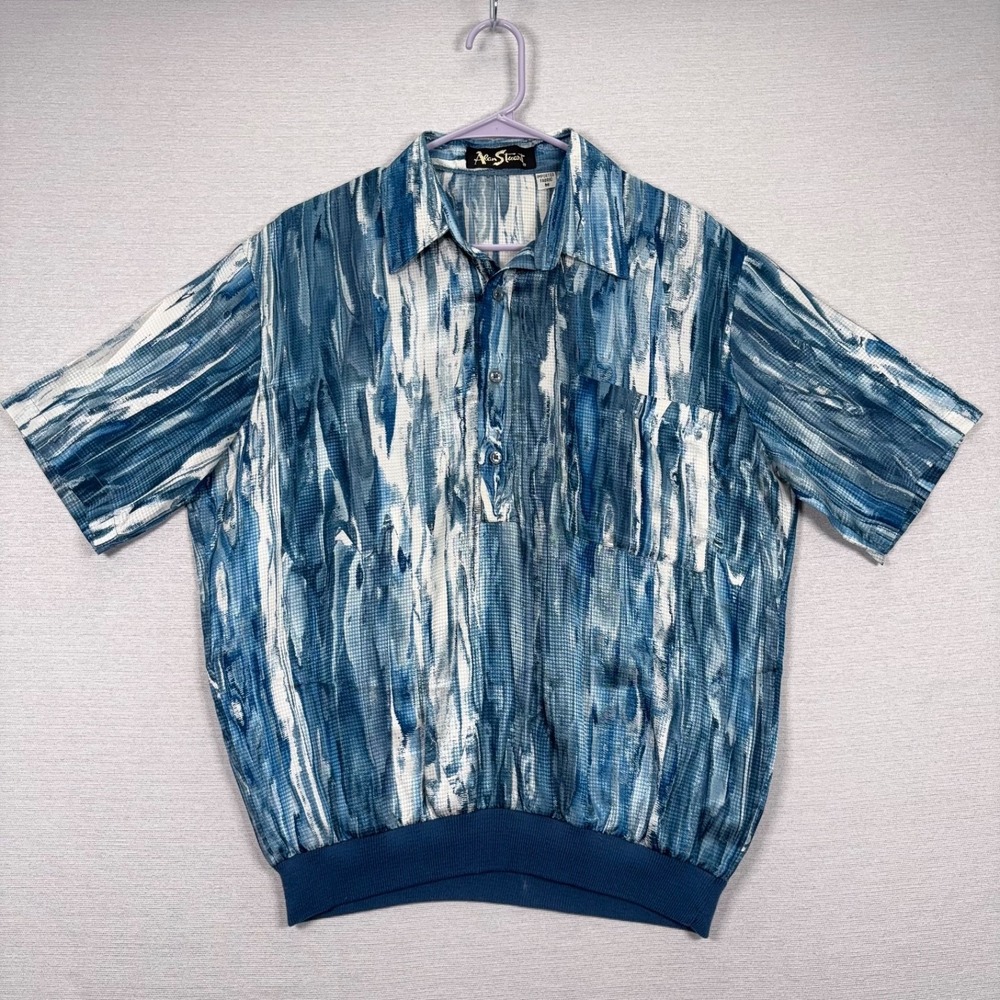 Alan Stuart 1/2 Button Shirt Mens Size M Blue Polyester Short Sleeve Vintage